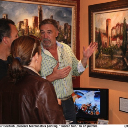 Gallery owner, Emir Bezdrob, presents 'Tuscan Sun' to art patrons.